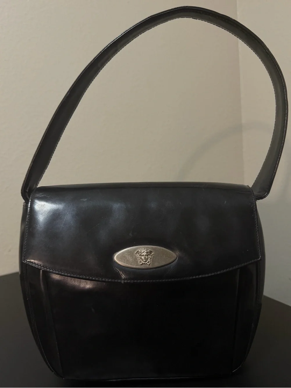 Versace Black Leather Briefcase with Medusa Silver Plaque